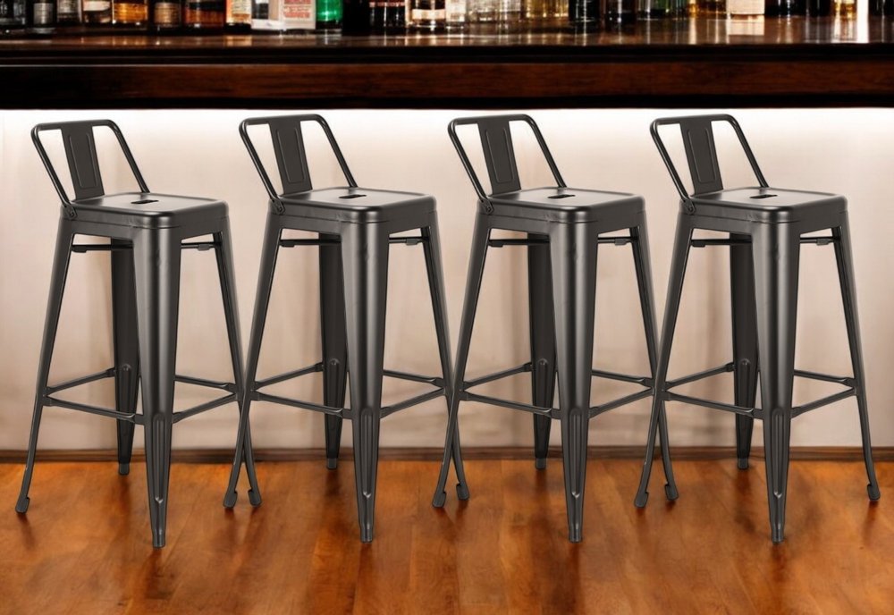 Set of Four 26" Black Steel and Metal Low Back Counter Height Bar Chairs