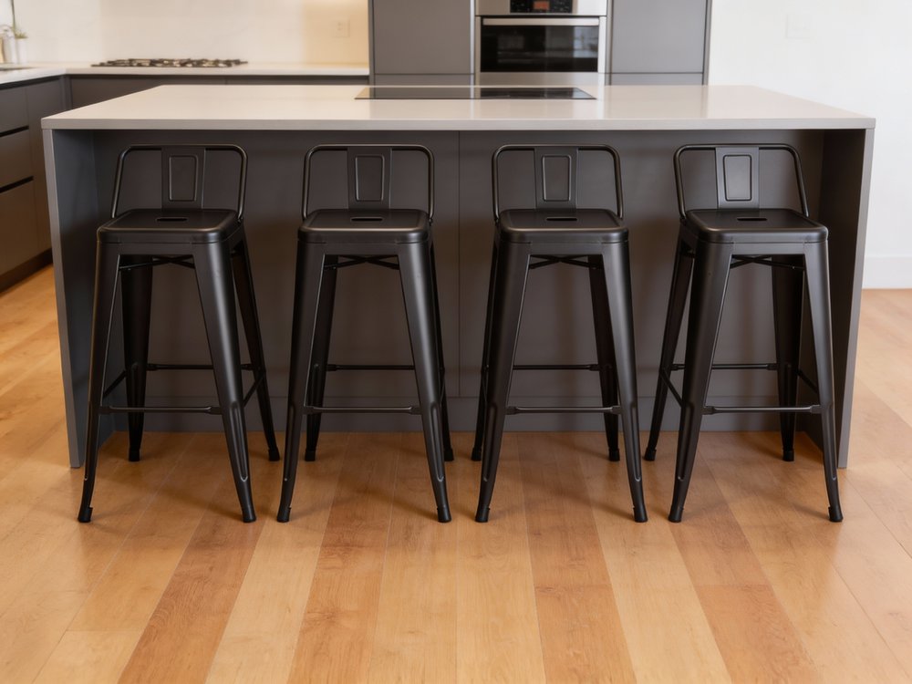 Set of Four 26" Black Steel and Metal Low Back Counter Height Bar Chairs