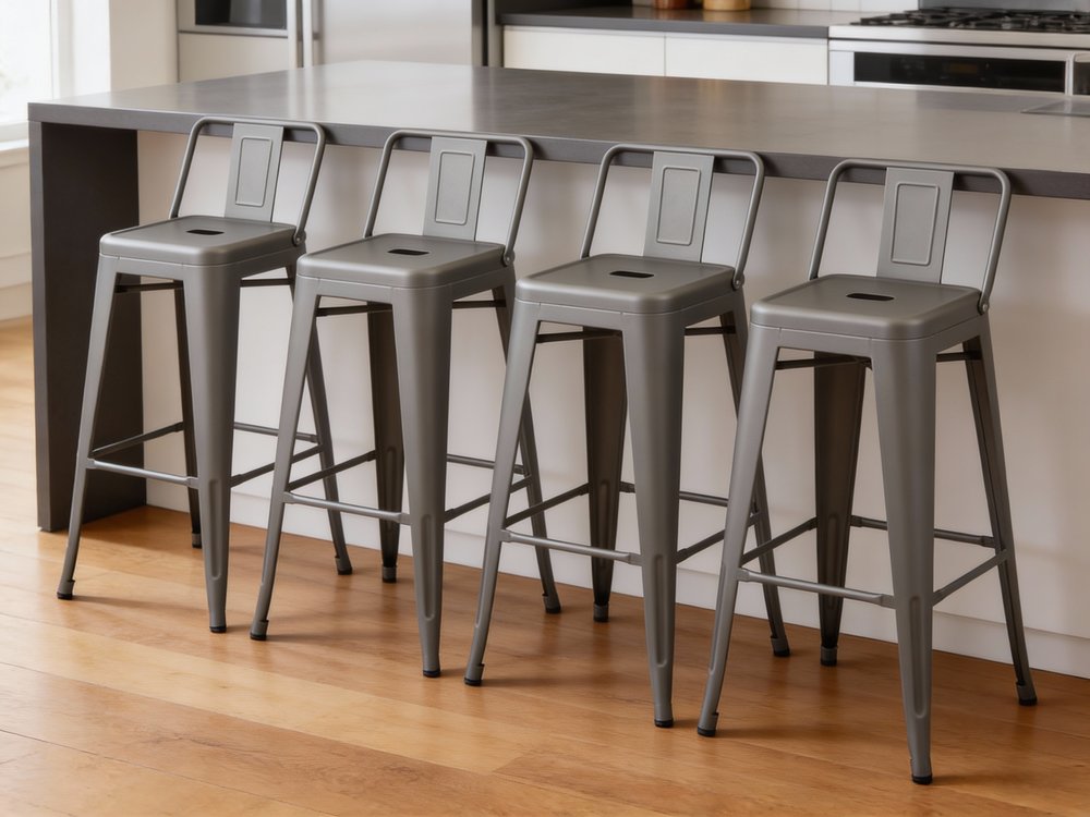 Set of Four 26" Gray Steel and Metal Low Back Counter Height Bar Chairs