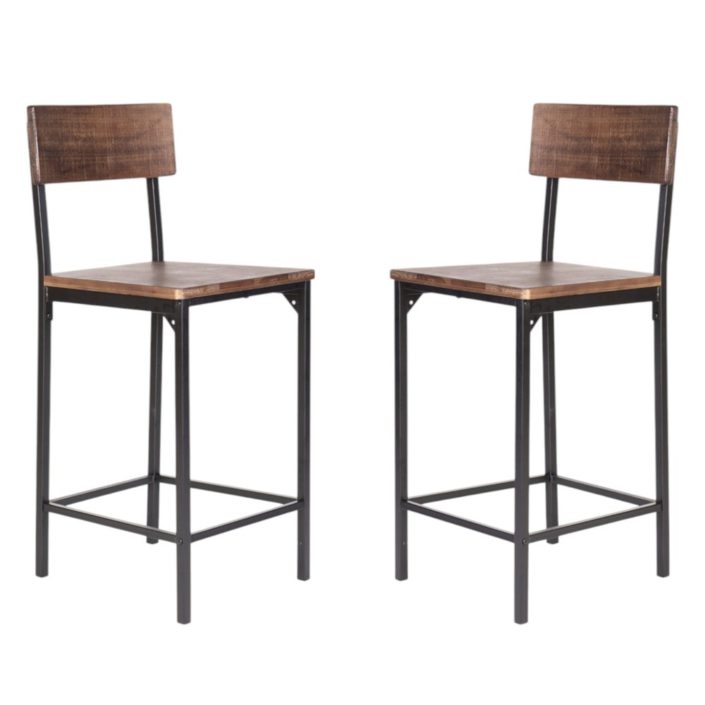 Set of Two 25" Brown and Black Solid Wood and Metal Counter Height Bar Chairs