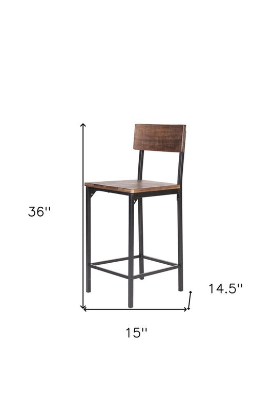 Set of Two 25" Brown and Black Solid Wood and Metal Counter Height Bar Chairs