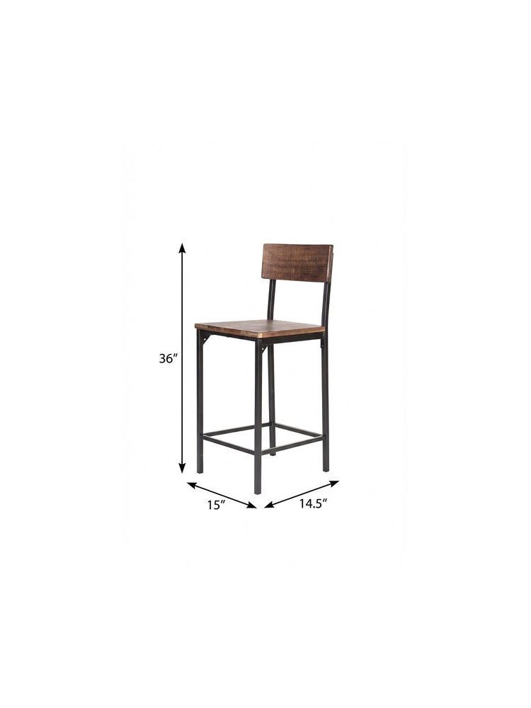 Set of Two 25" Brown and Black Solid Wood and Metal Counter Height Bar Chairs