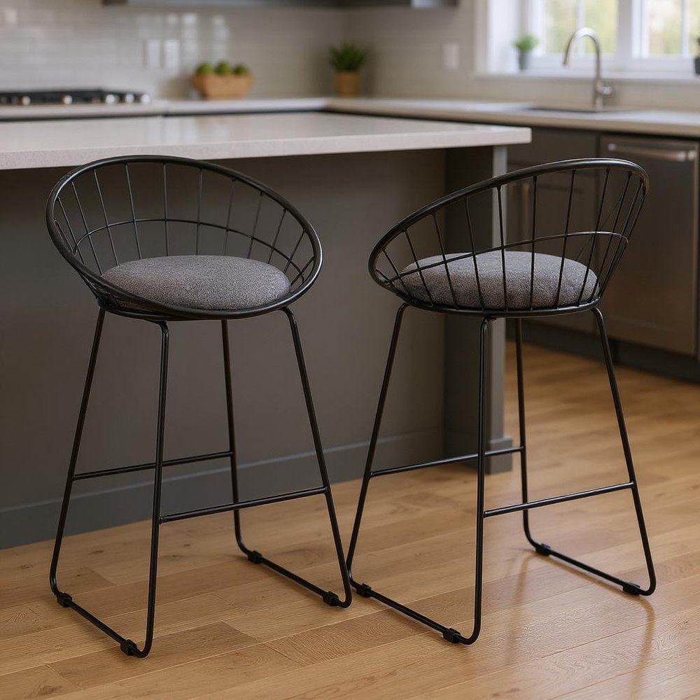 Set of Two 26" Gray and Black Fabric and Metal Low Back Counter Height Bar Chairs