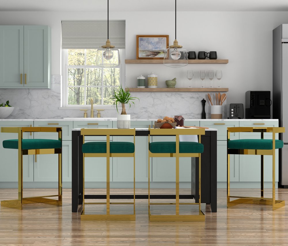 30" Green and Gold Metal and Velvet Low Back Bar Height Bar Chair