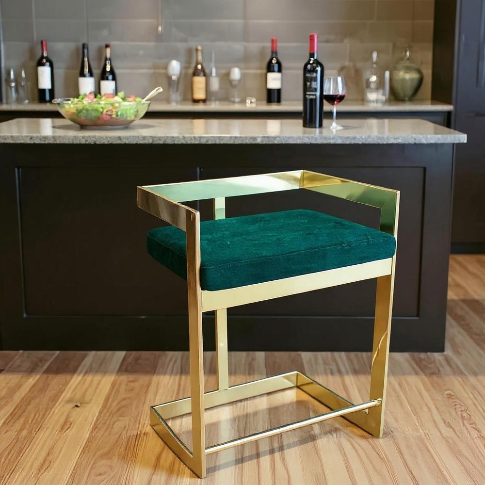 30" Green and Gold Metal and Velvet Low Back Bar Height Bar Chair
