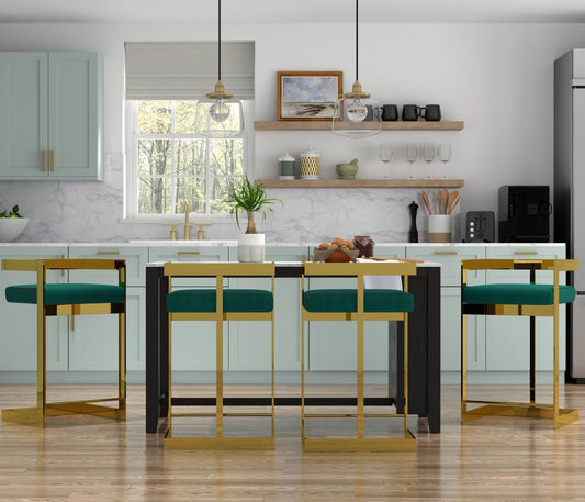 26" Green and Gold Velvet and Stainless Steel Backless Bar Height Bar Chair