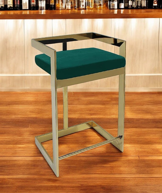 26" Green and Gold Velvet and Stainless Steel Backless Bar Height Bar Chair