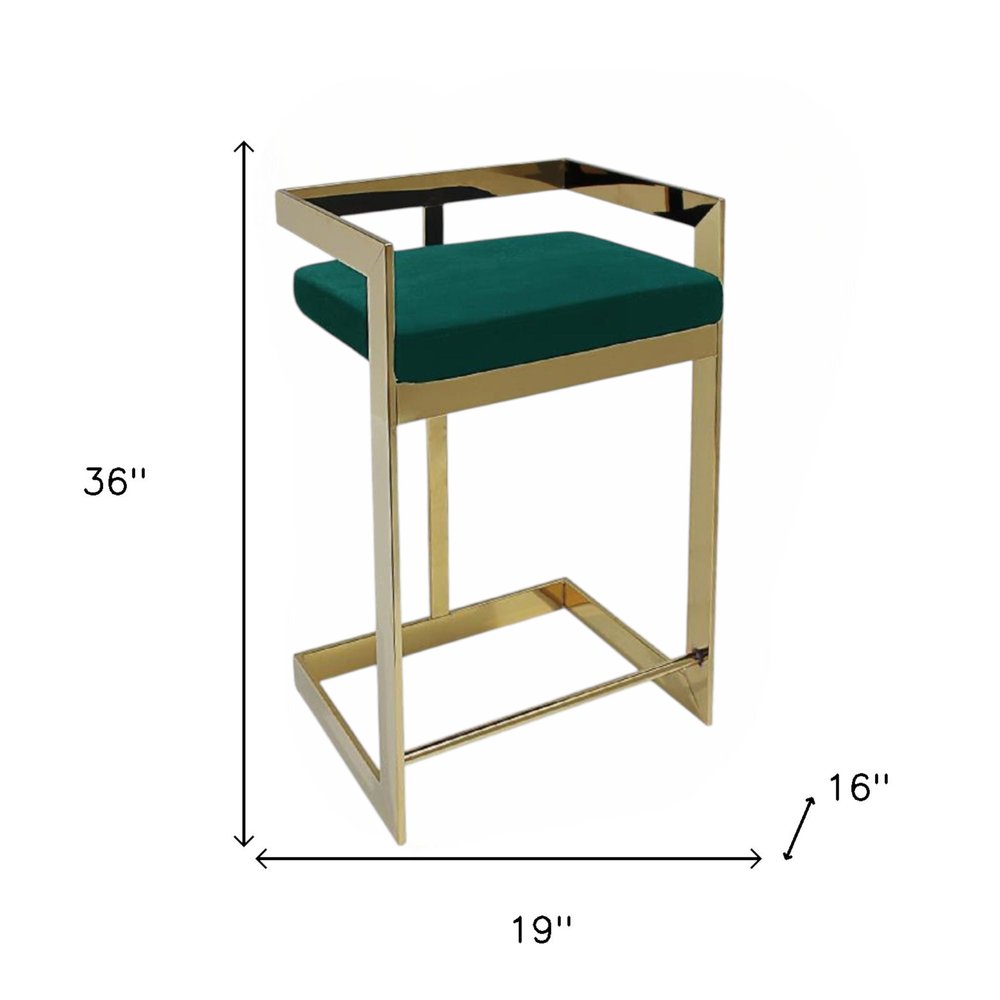 26" Green and Gold Velvet and Stainless Steel Backless Bar Height Bar Chair