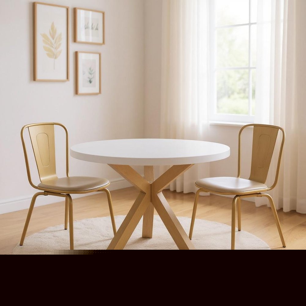 48" White and Gold Wood and Metal Cross Leg Base Round Top Dining Table