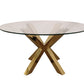 54" Clear and Gold Glass and Metal Cross Leg Base Round Top Dining Table