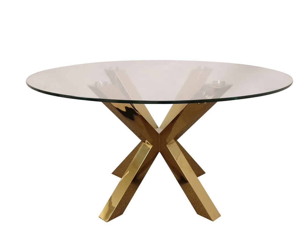 54" Clear and Gold Glass and Metal Cross Leg Base Round Top Dining Table