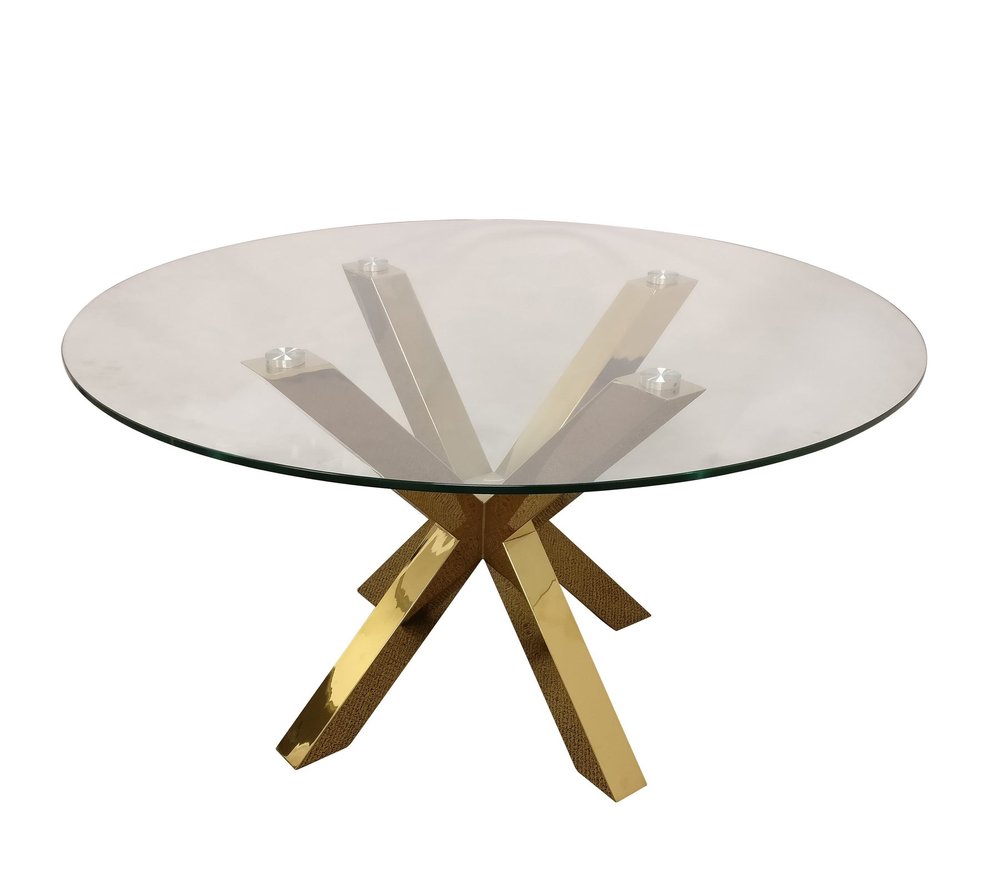 54" Clear and Gold Glass and Metal Cross Leg Base Round Top Dining Table