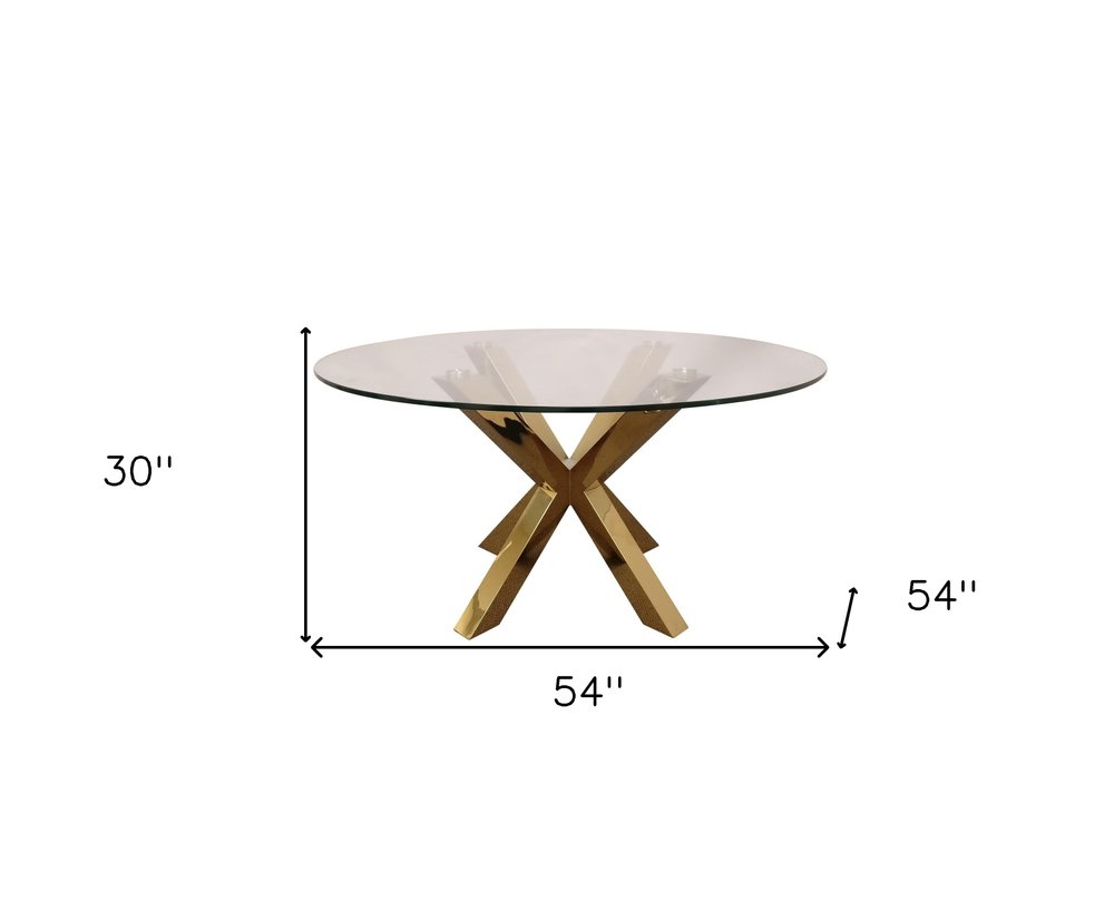 54" Clear and Gold Glass and Metal Cross Leg Base Round Top Dining Table