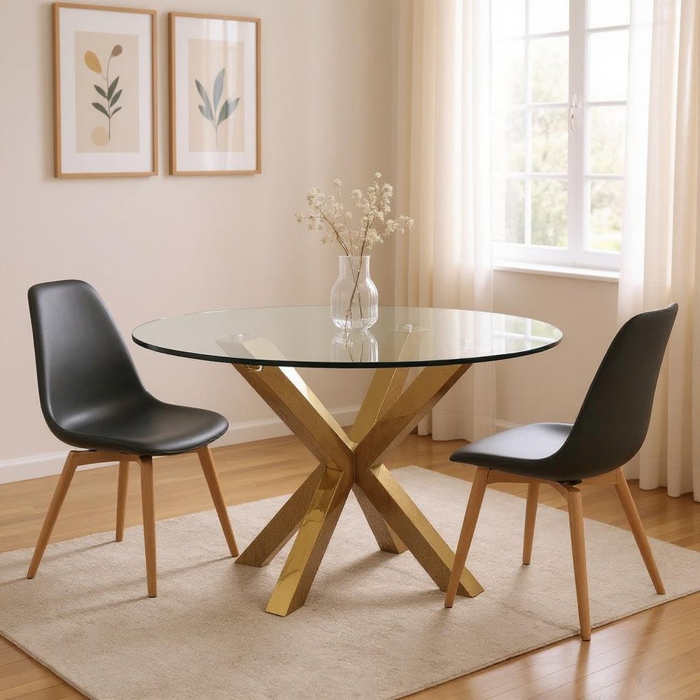 54" Clear and Gold Glass and Metal Cross Leg Base Round Top Dining Table