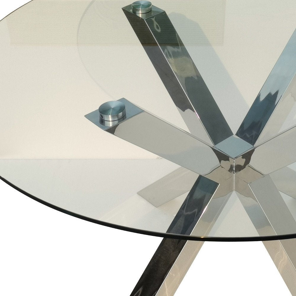54" Clear and Silver Glass and Metal Cross Leg Base Round Top Dining Table