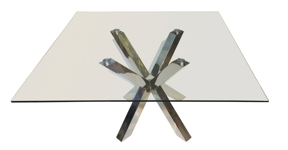 60" Clear and Silver Glass and Metal Cross Leg Base Square Dining Table