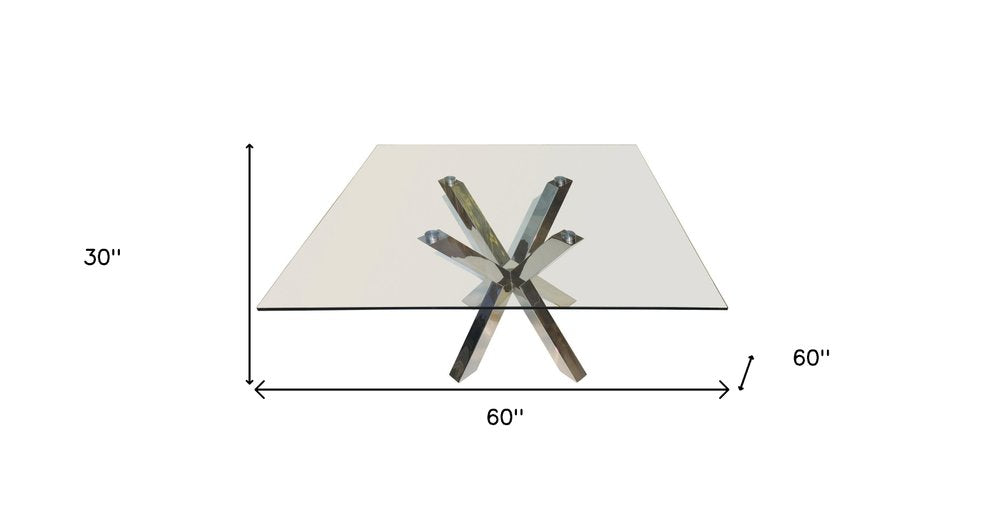 60" Clear and Silver Glass and Metal Cross Leg Base Square Dining Table