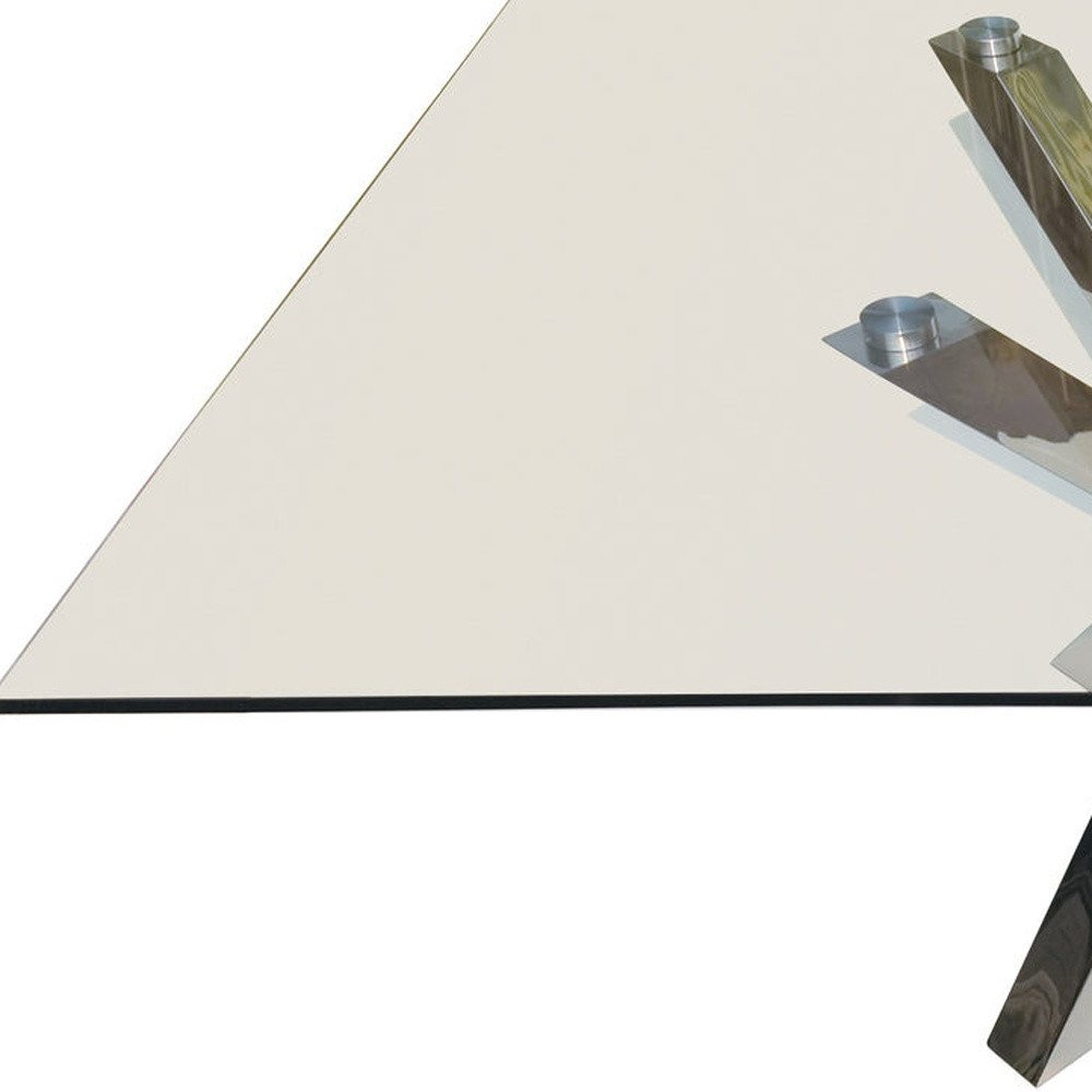 60" Clear and Silver Glass and Metal Cross Leg Base Square Dining Table