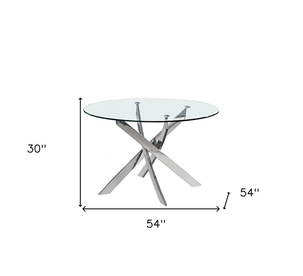 54" Clear and Silver Glass and Metal Cross Leg Base Round Top Dining Table