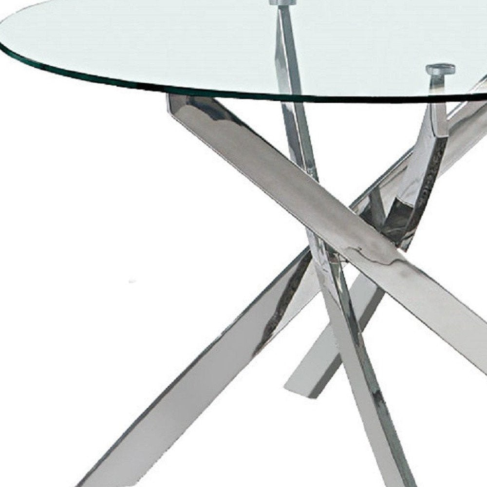 54" Clear and Silver Glass and Metal Cross Leg Base Round Top Dining Table