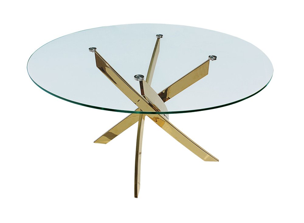54" Clear and Gold Glass and Metal Cross Leg Base Round Top Dining Table