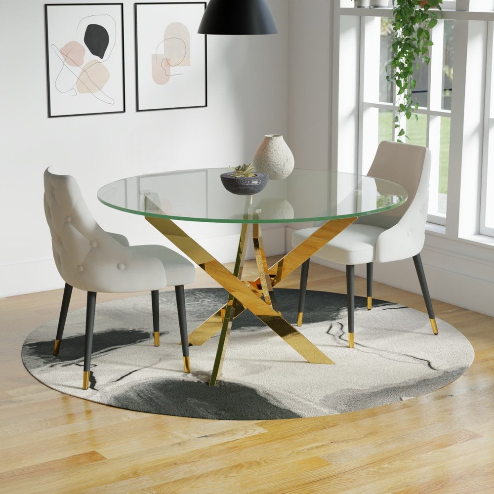 54" Clear and Gold Glass and Metal Cross Leg Base Round Top Dining Table