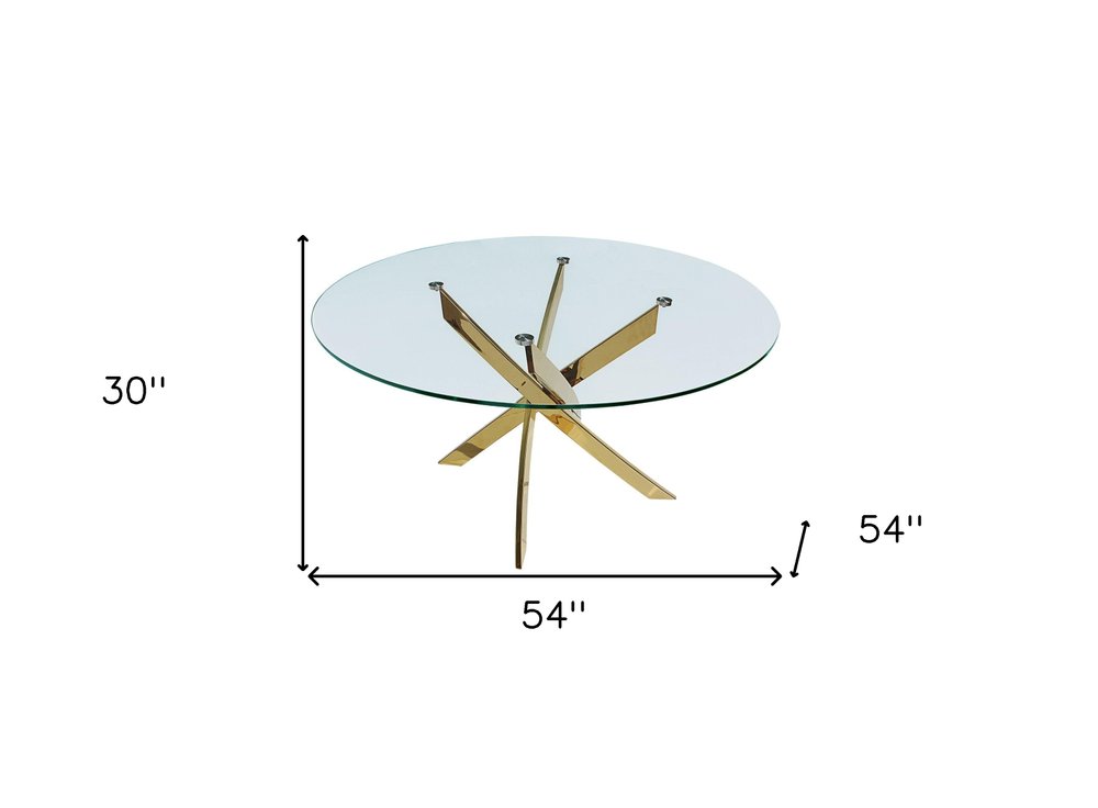 54" Clear and Gold Glass and Metal Cross Leg Base Round Top Dining Table