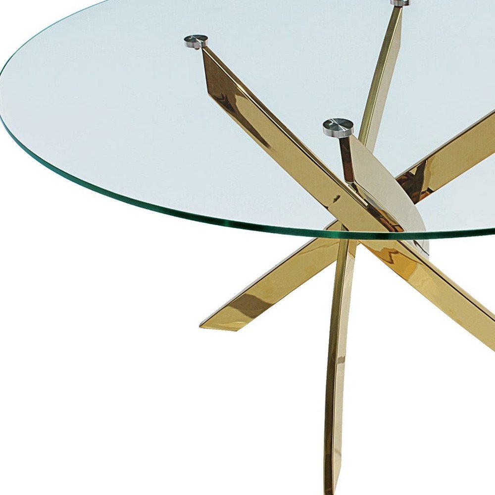 54" Clear and Gold Glass and Metal Cross Leg Base Round Top Dining Table
