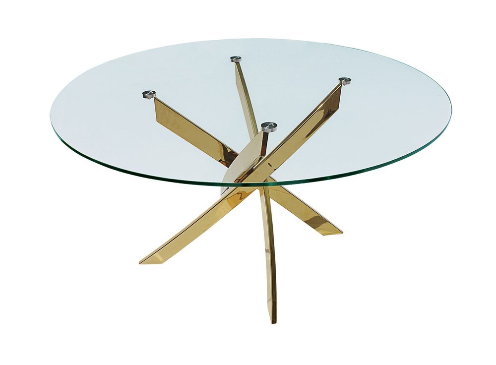 54" Clear and Gold Glass and Metal Cross Leg Base Round Top Dining Table