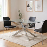 72" Clear and Silver Glass and Metal Cross Leg Base Dining Table