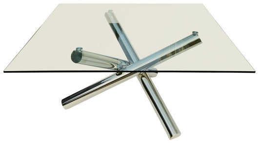 60" Clear and Silver Glass and Metal Cross Leg Base Square Dining Table