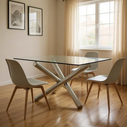 60" Clear and Silver Glass and Metal Cross Leg Base Square Dining Table