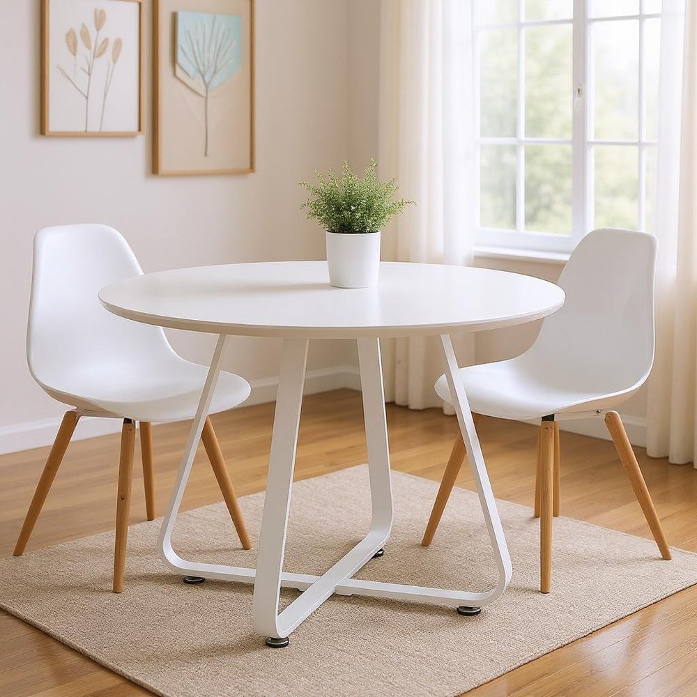 43" White Wood and Metal Sled Base Round Top Dining Table