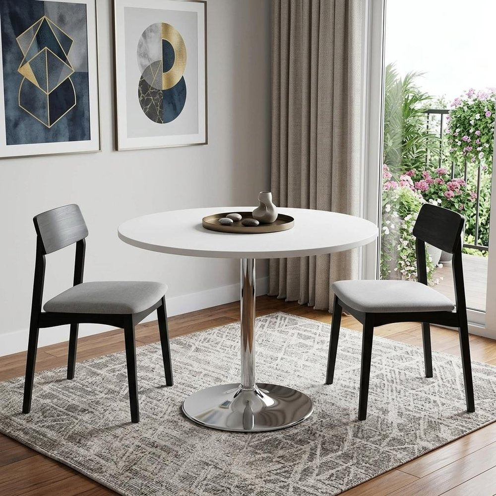 36" White and Silver Wood and Metal Pedestal Base Round Top Dining Table