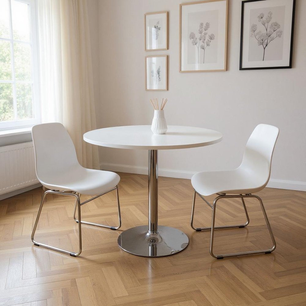 36" White and Silver Wood and Metal Pedestal Base Round Top Dining Table