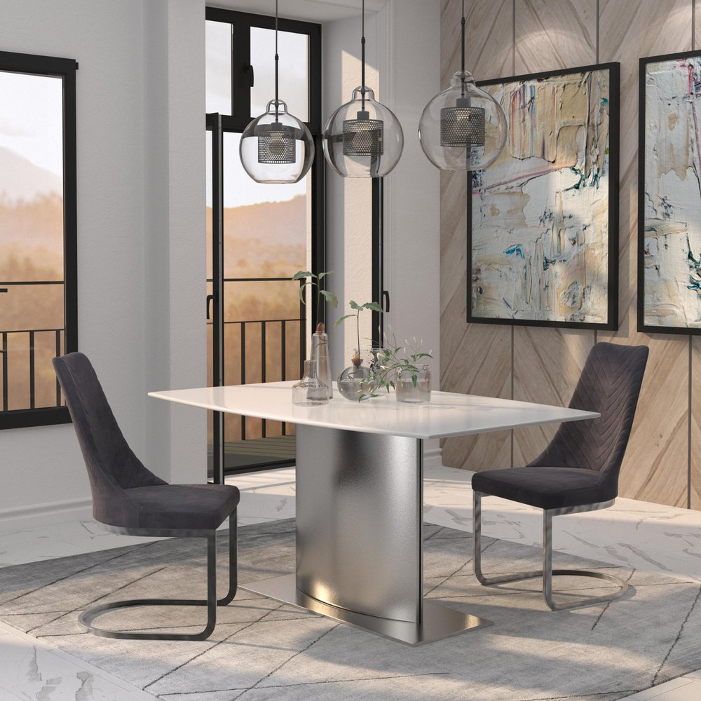 63" White And Silver Marble And Metal Pedestal Base Dining Table