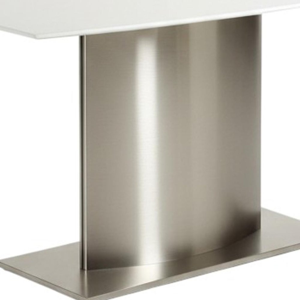 63" White And Silver Marble And Metal Pedestal Base Dining Table