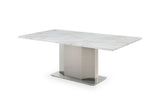 79" Gray White and Silver Marble and Stainless Steel Pedestal Base Dining Table