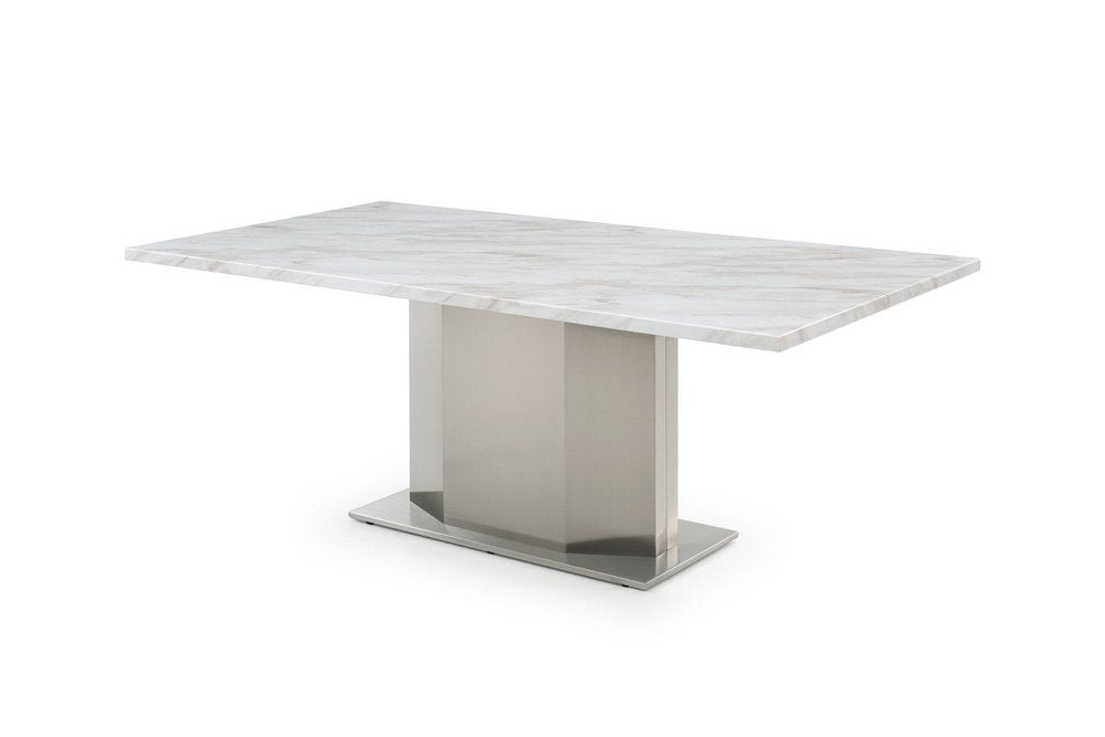 79" Gray White and Silver Marble and Stainless Steel Pedestal Base Dining Table