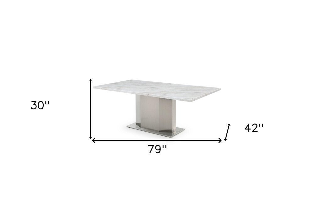 79" Gray White and Silver Marble and Stainless Steel Pedestal Base Dining Table