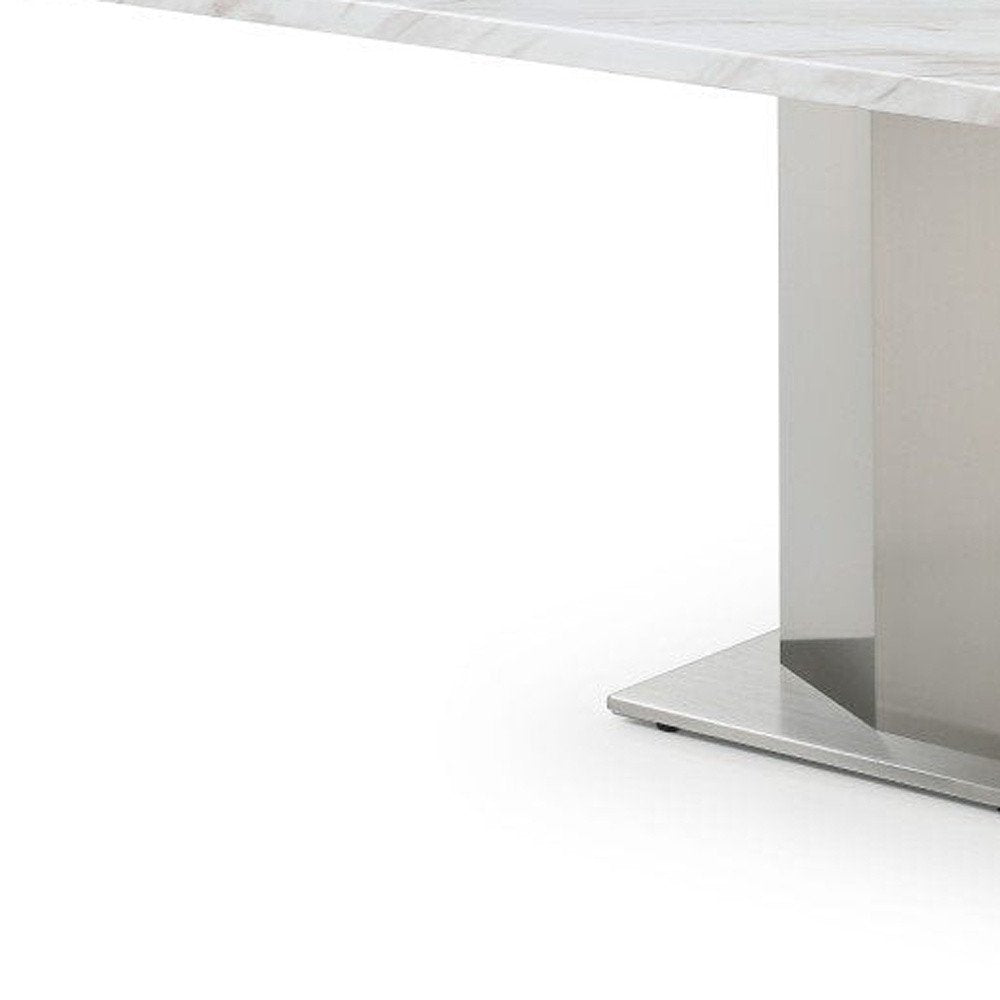79" Gray White and Silver Marble and Stainless Steel Pedestal Base Dining Table