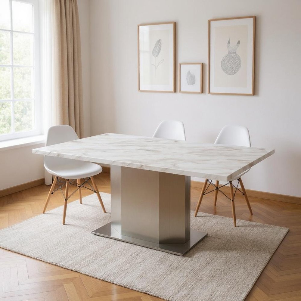 79" Gray White and Silver Marble and Stainless Steel Pedestal Base Dining Table