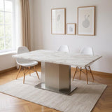 79" Gray White and Silver Marble and Stainless Steel Pedestal Base Dining Table