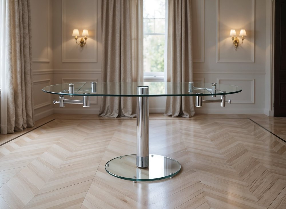 40" Clear and Silver Glass and Metal Self-Storing Leaf Motion Extendable Dining Table