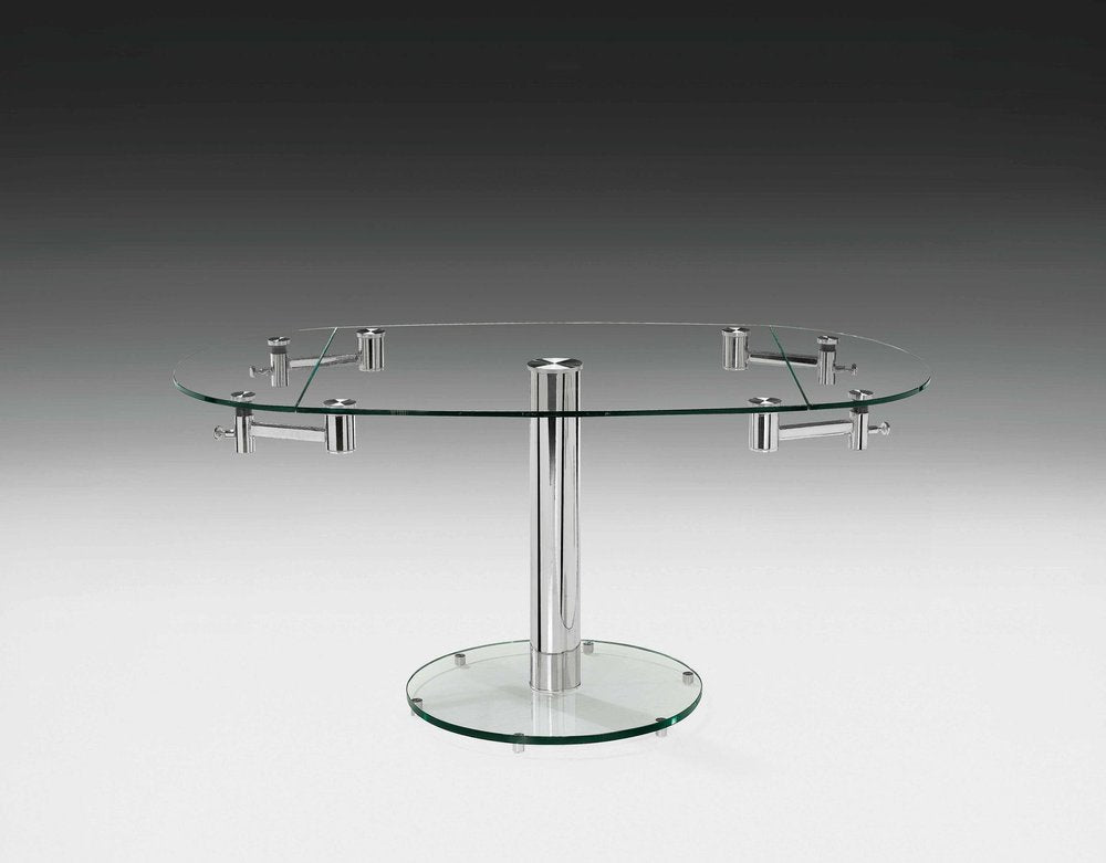 40" Clear and Silver Glass and Metal Self-Storing Leaf Motion Extendable Dining Table