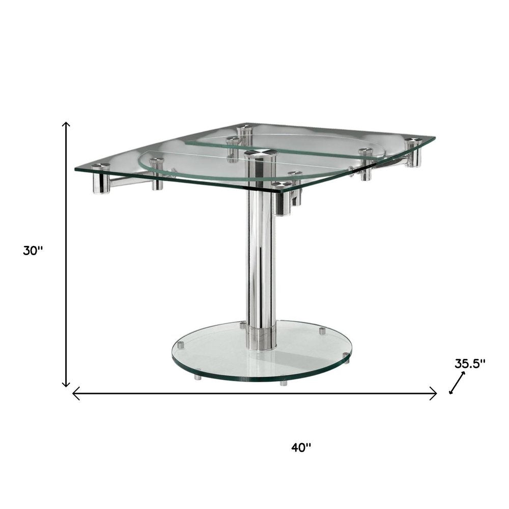 40" Clear and Silver Glass and Metal Self-Storing Leaf Motion Extendable Dining Table
