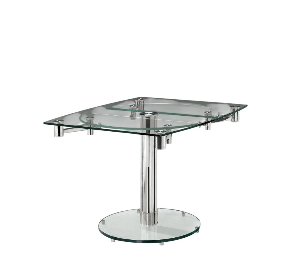 40" Clear and Silver Glass and Metal Self-Storing Leaf Motion Extendable Dining Table