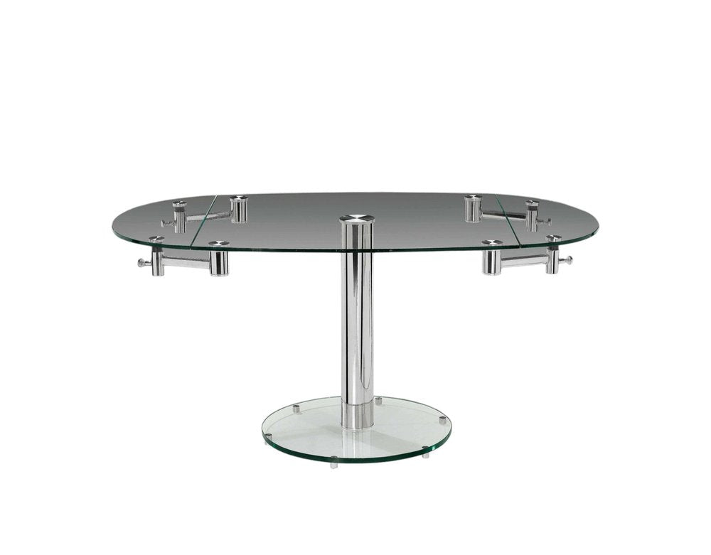 40" Clear and Silver Glass and Metal Self-Storing Leaf Motion Extendable Dining Table