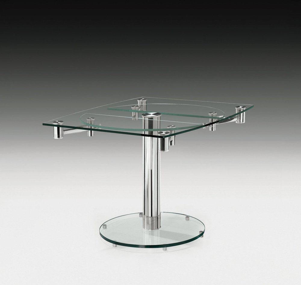 50" Clear And Silver Glass And Metal Self-Storing Leaf Pedestal Base Dining Table