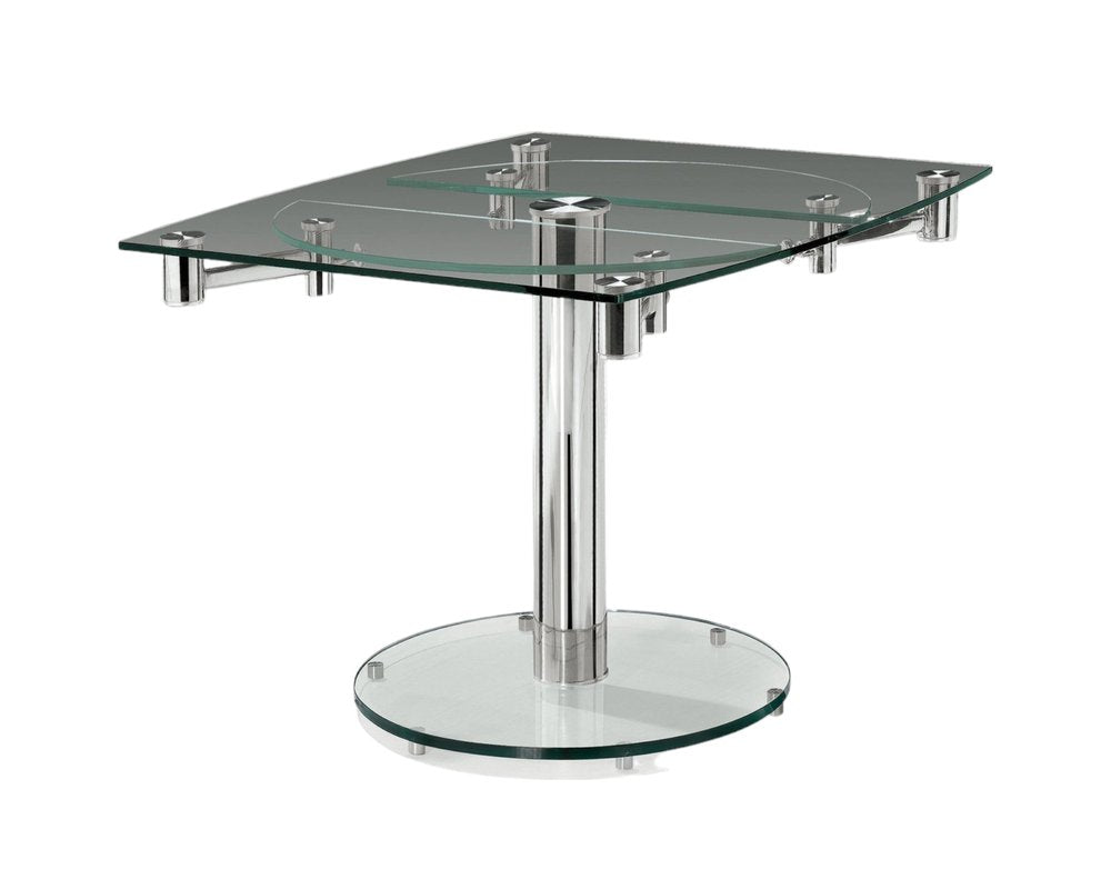 50" Clear And Silver Glass And Metal Self-Storing Leaf Pedestal Base Dining Table